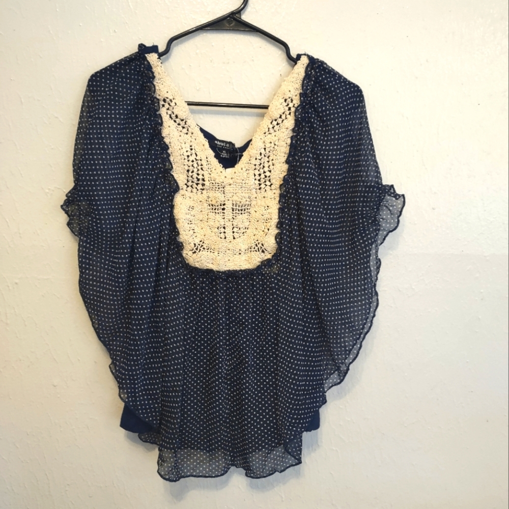 Navy‎ Blue Blouse w/ Ivory Polka Dots Sz. XL